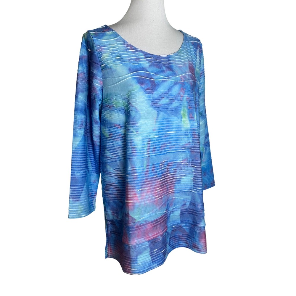 Soft Surroundings Michelena Top Celestial Blue Tie Dye Ribbed Tunic Womens L NEW